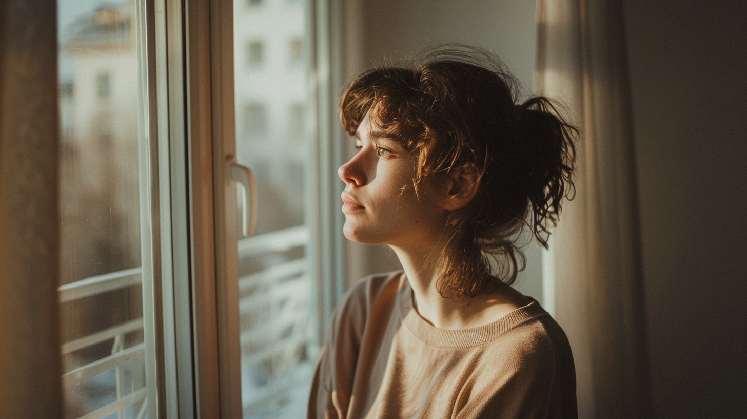 Woman looking out of a window in soft natural light symbolizing reflection on identity and emotional change after a relationship