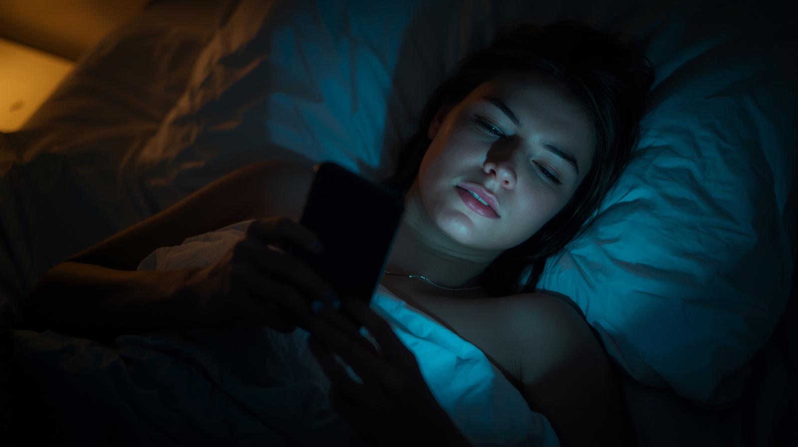 person lying in bed looking at phone, soft emotional lighting