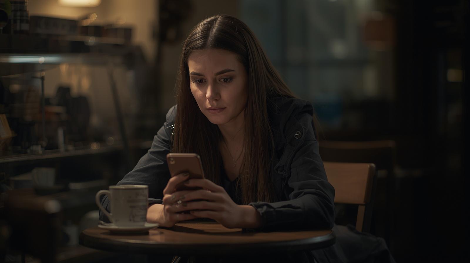 A Caucasian woman with a contemplative expression sits alone at a small wooden table in a cozy, dimly lit cafe. Soft, warm ambient light spills across her face and illuminates the worn surface of her smartphone as she focuses intently on its screen. The background features blurred elements of a quiet coffee shop, including hints of steaming mugs and a softly glowing lamp, enhancing the serene and introspective atmosphere.