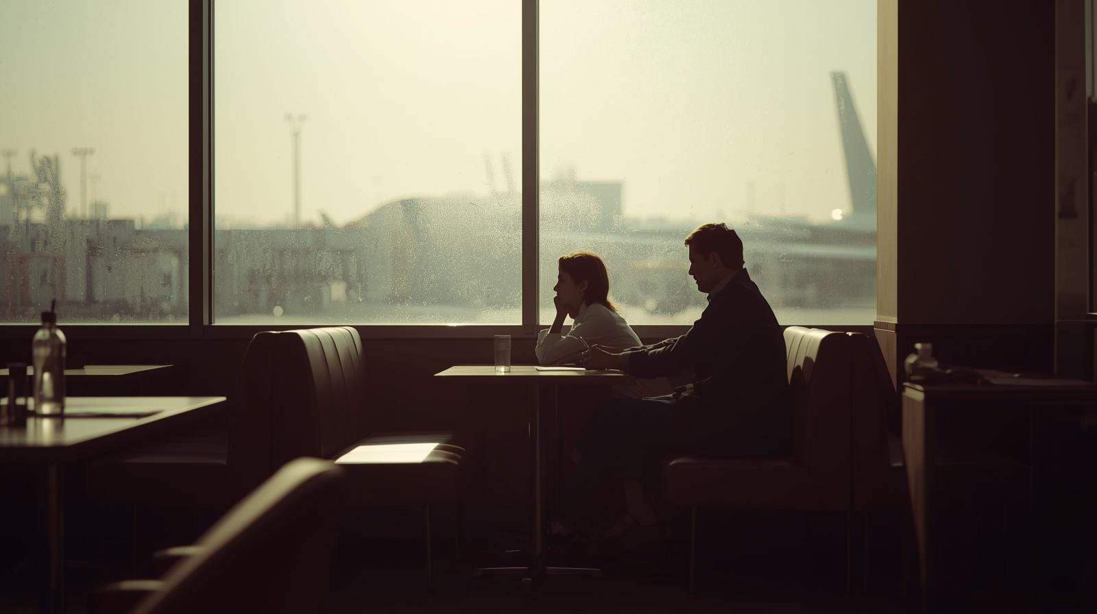 A couple sits quietly in an airport café. The atmosphere conveys a subtle emotional distance between them