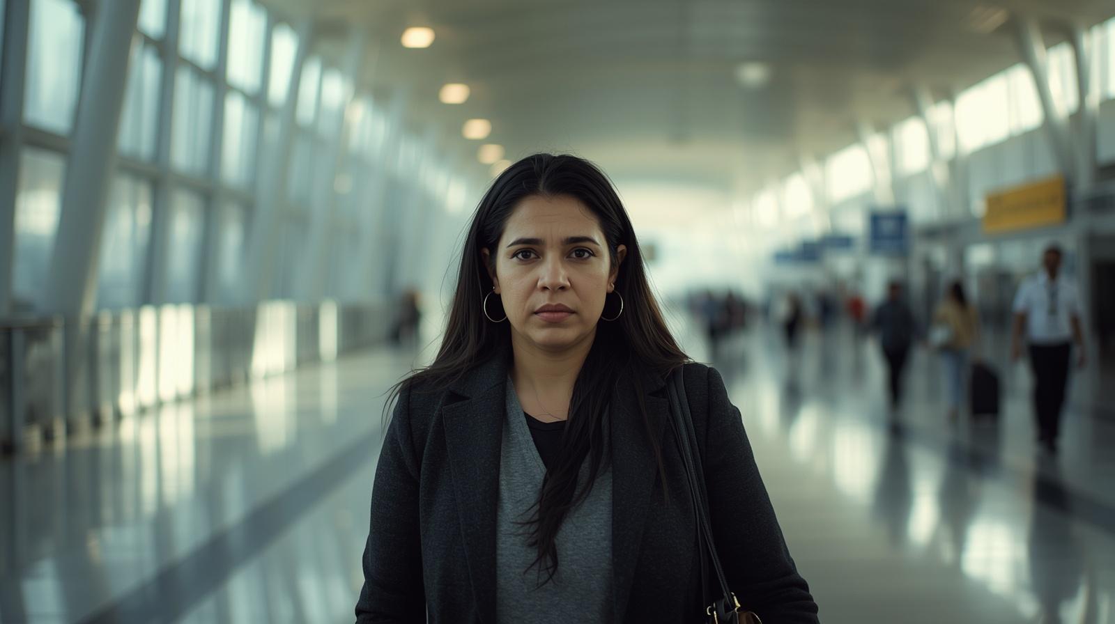 A lone Hispanic woman walks through a modern airport terminal, her expression conveying a subdued emotional tone. 