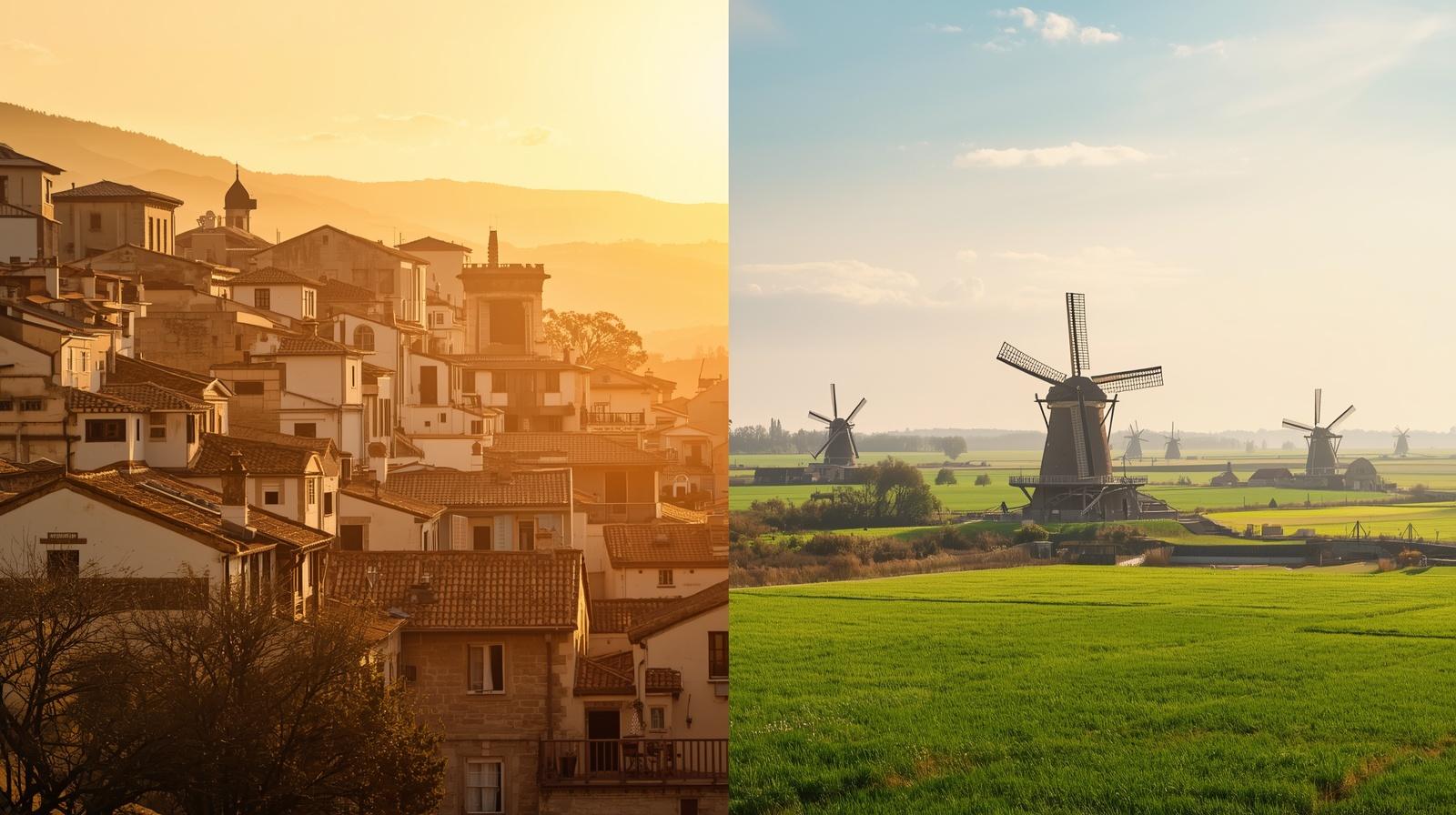 A split-scene image showcasing the distinct landscapes of Spain and Holland, separated by a subtle visual divide representing distance.
