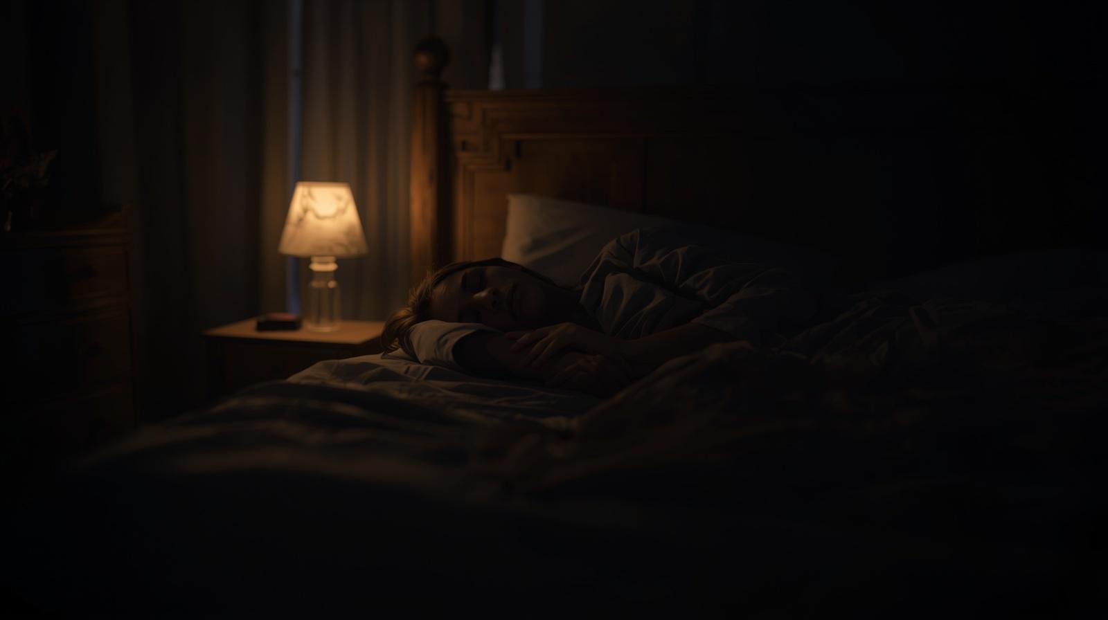 person lying alone in bed at night, soft warm lighting, realistic and emotional tone