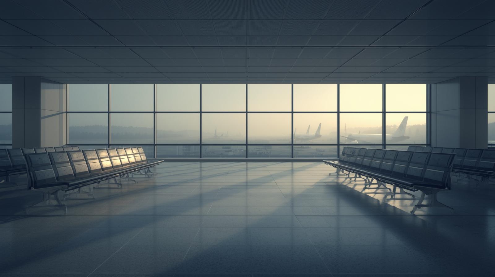 An empty airport seating area bathed in the soft, diffused glow of early morning light