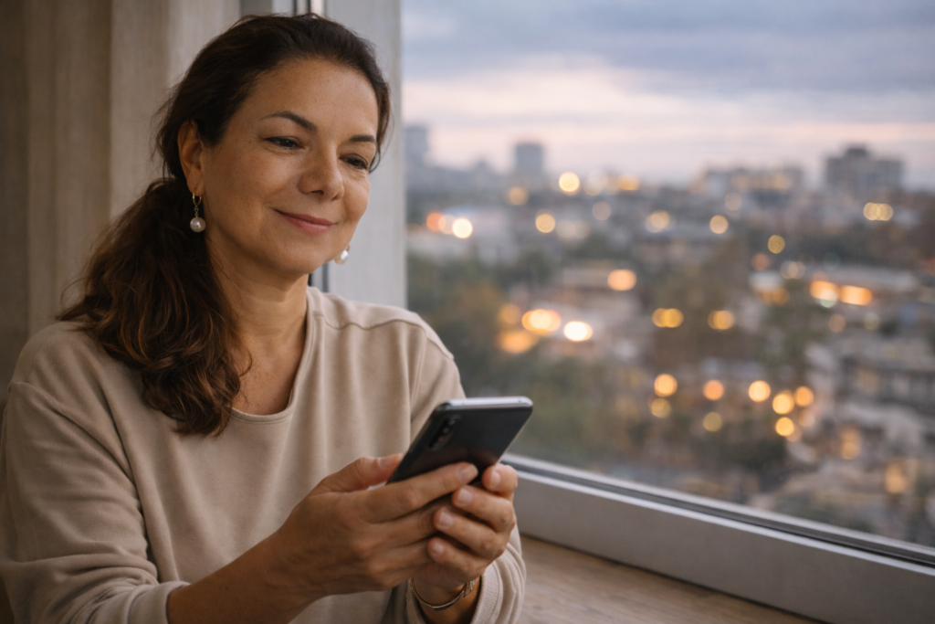 anna smiling while looking at her phone.