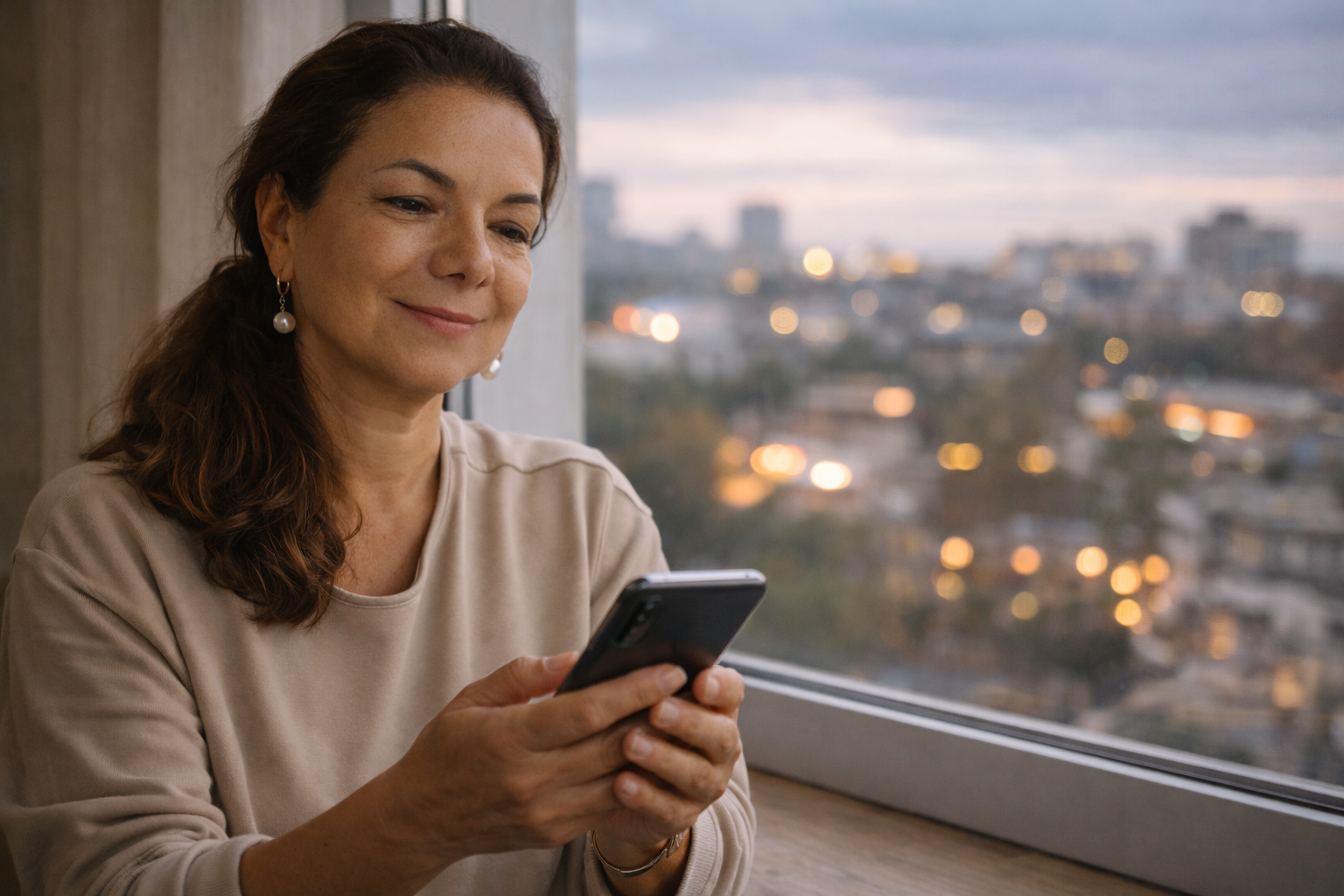 anna smiling while looking at her phone.