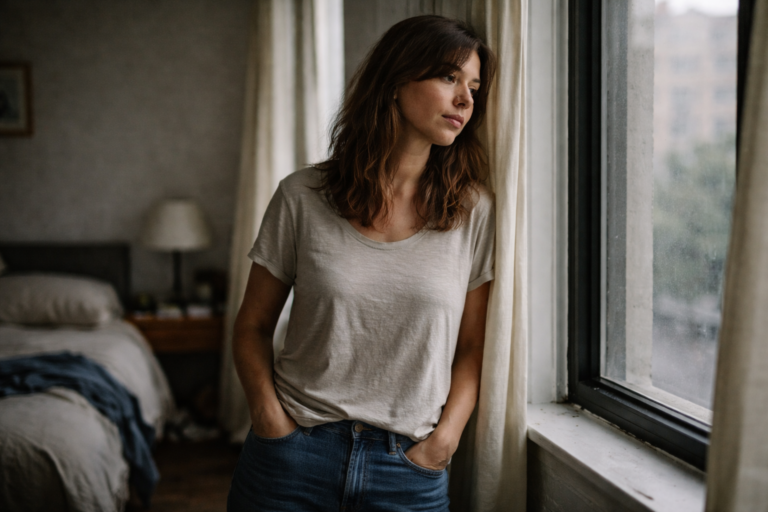 Woman standing by a bedroom window reflecting on repeating relationship patterns and emotional choices
