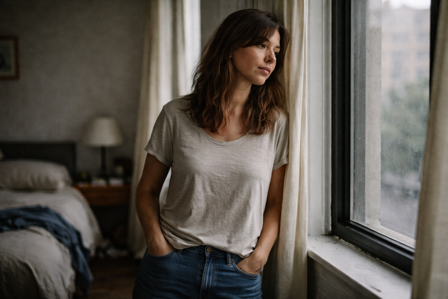 Woman standing by a bedroom window reflecting on repeating relationship patterns and emotional choices