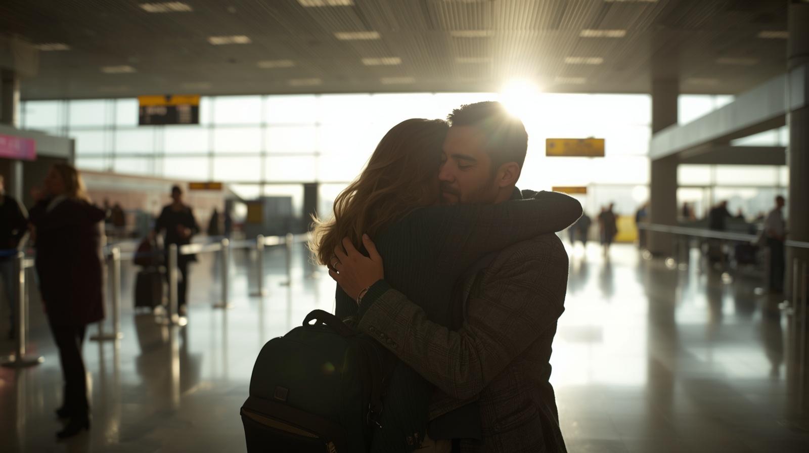 airport departure terminal, couple hugging goodbye in their long distance relationship