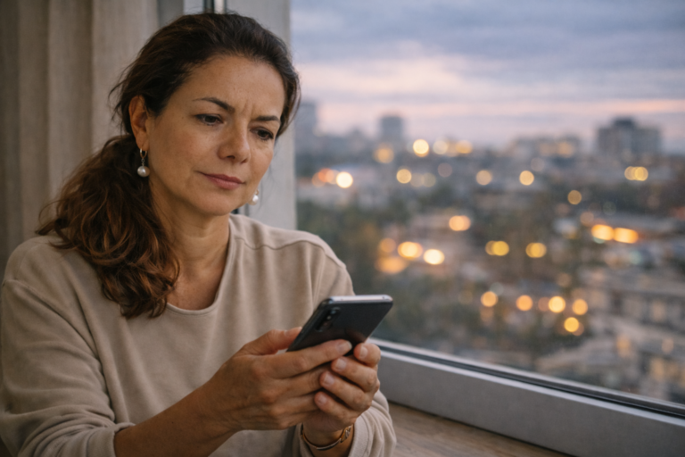 woman standing by window with phone suggesting a long distance relationship
