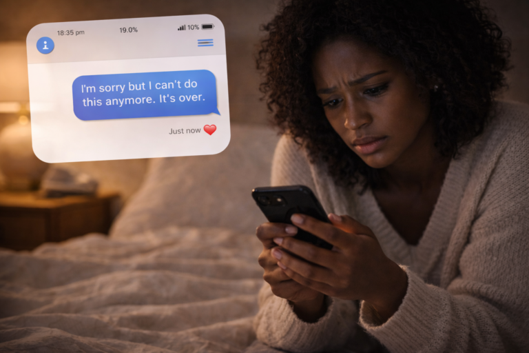 woman sitting on bed at night reading breakup text message on phone with worried expression