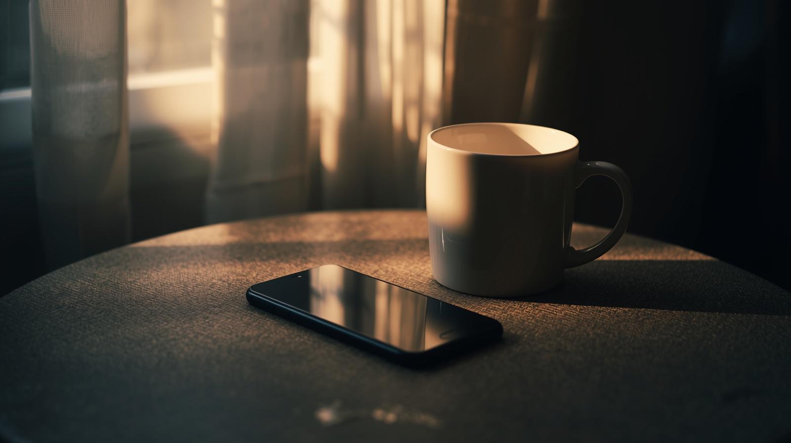 coffee cup, phone face down, quiet lived-in atmosphere