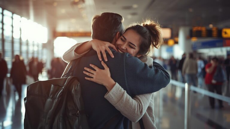 couple meeting at airport arrivals, emotional reunion in their long distance relationship