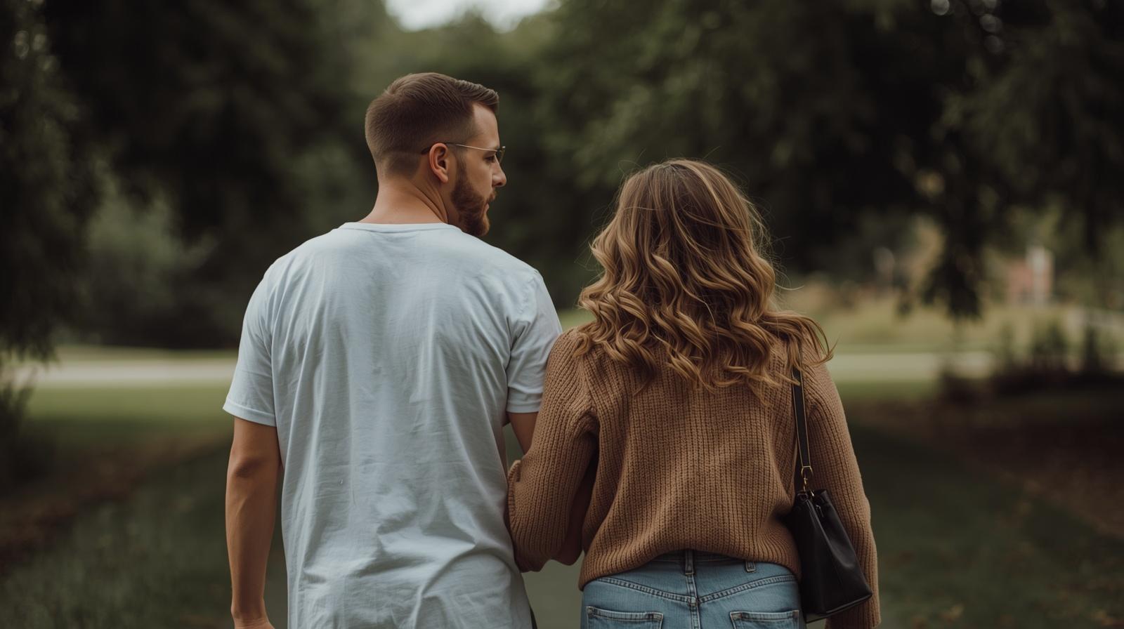 couple walking together outdoors, slightly distant body language