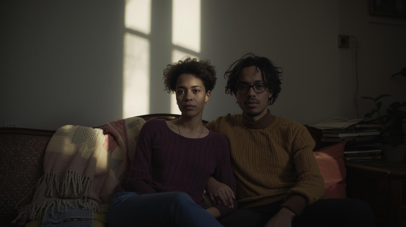 couple sitting together in quiet apartment
