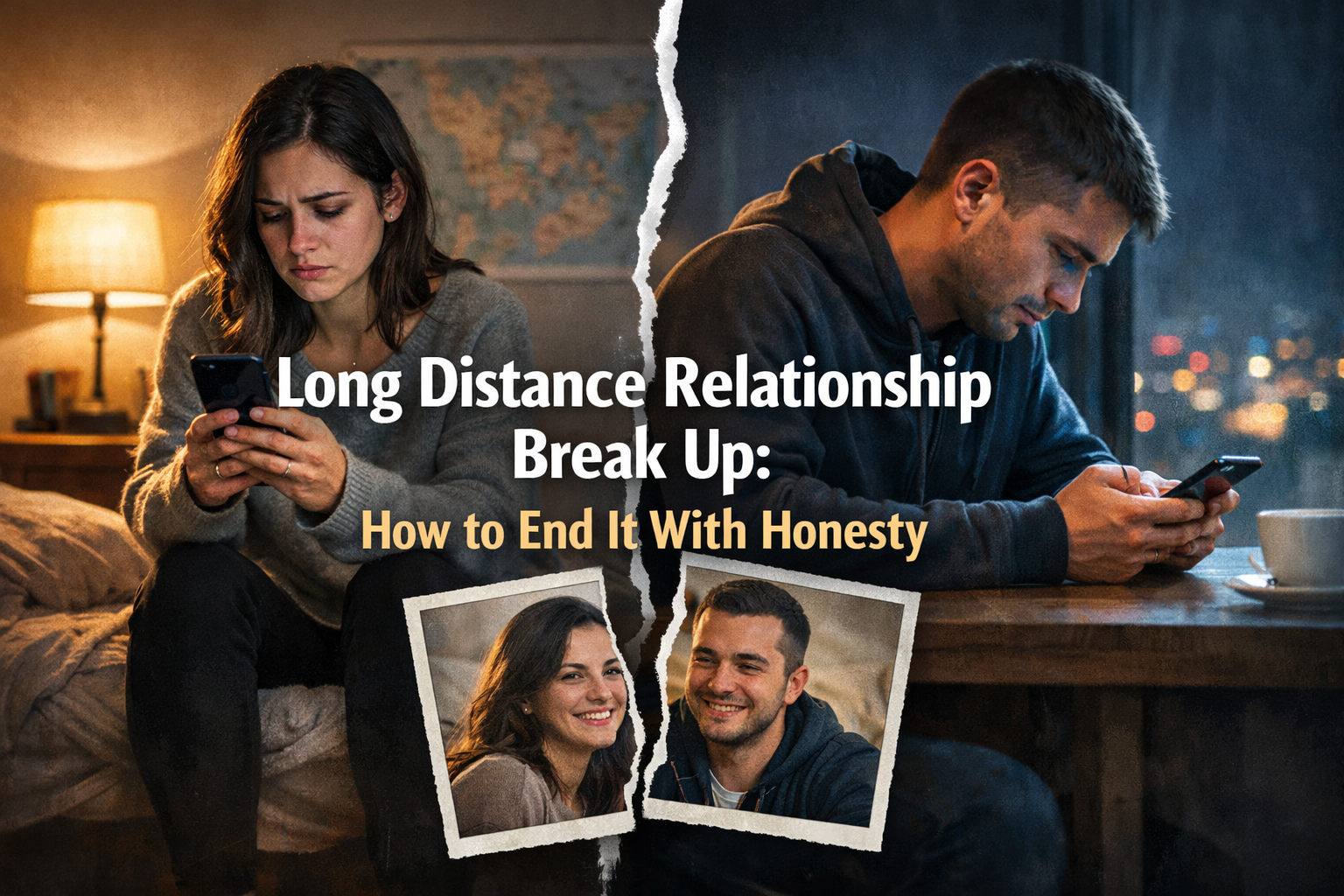 Long distance relationship breakup showing couple separated in different locations looking at their phones with torn photo symbolizing emotional distance and ending relationship