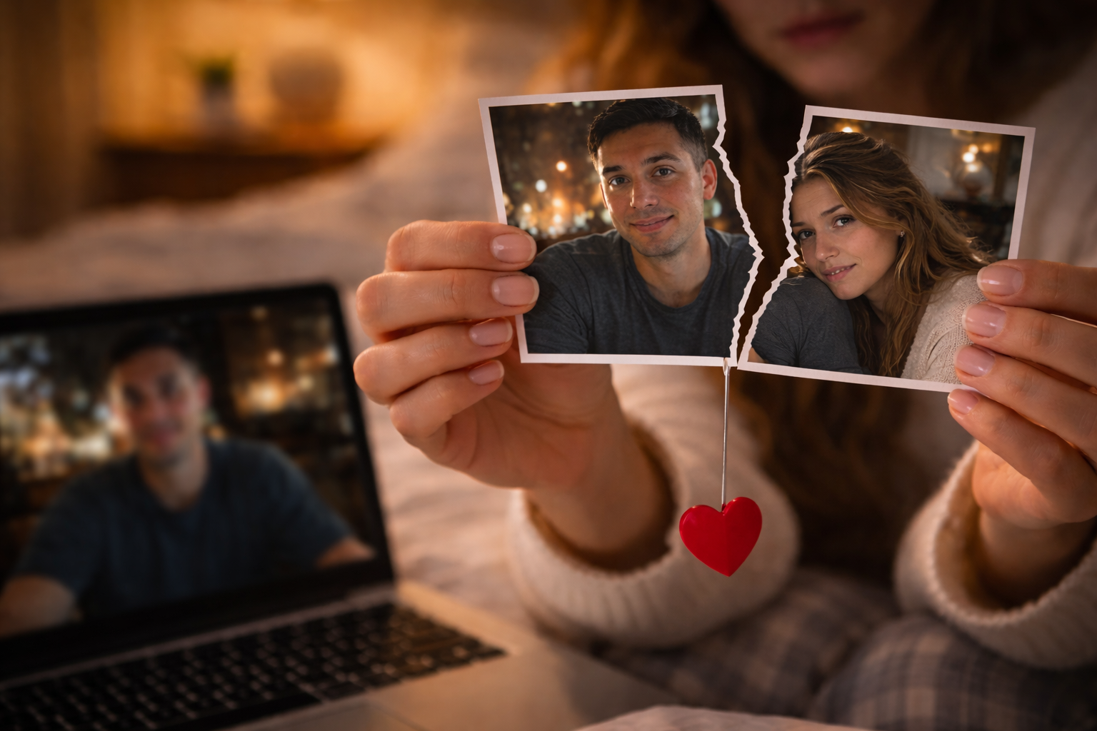 Torn photo of couple held in hands with laptop video call in background symbolizing trust issues in long distance relationship
