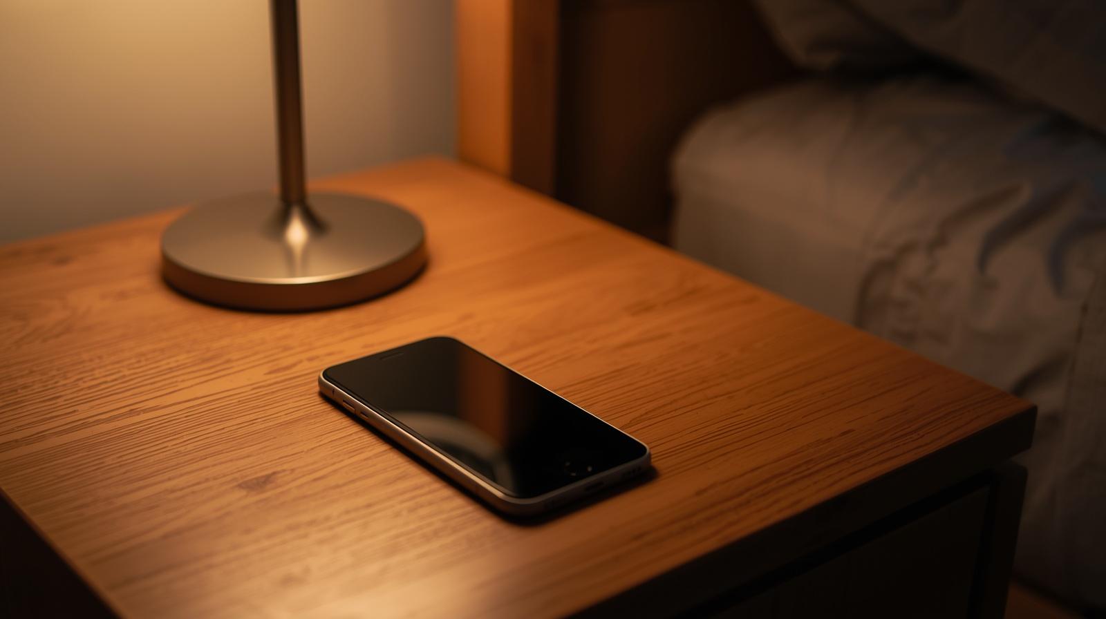 phone on bedside table with dim lamp lighting, calm reflective mood