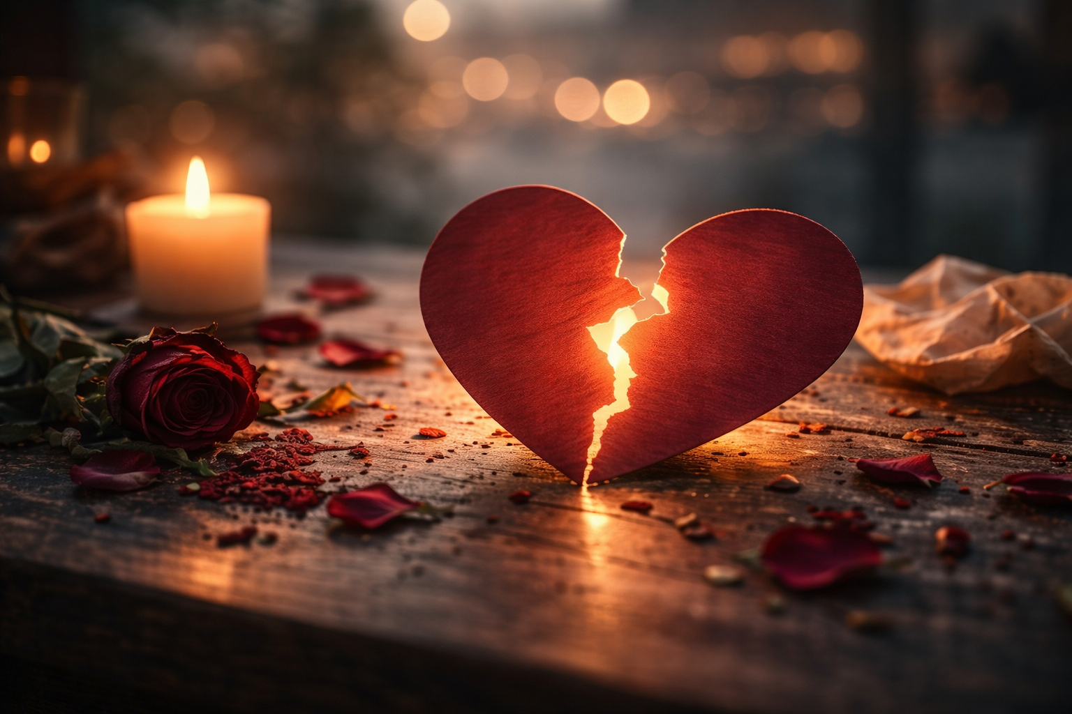 Broken heart symbol illuminated by candlelight representing emotional loss and breakup reflection