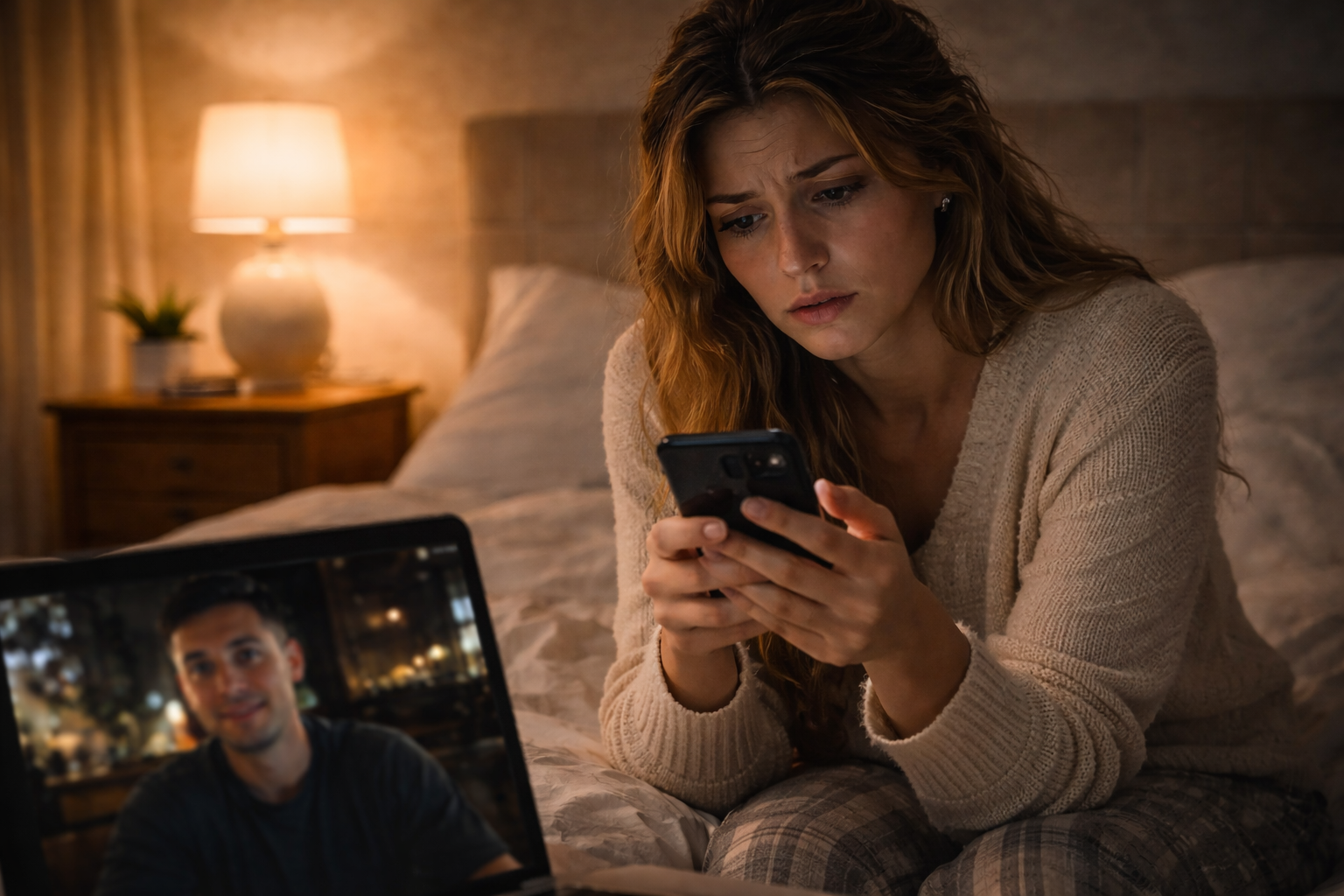 Woman looking worried at phone during video call with partner representing trust issues in a long distance relationship
