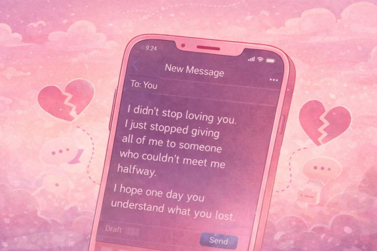 Pink illustrated smartphone showing an unsent breakup message with broken hearts symbolizing texts never sent after a breakup