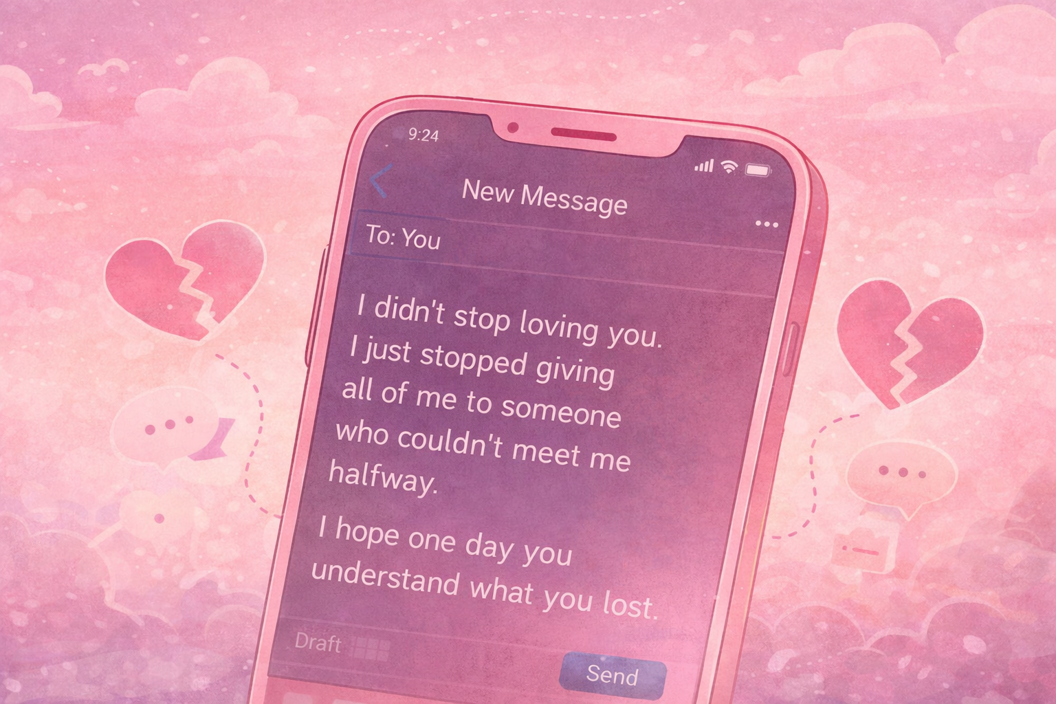 Pink illustrated smartphone showing an unsent breakup message with broken hearts symbolizing texts never sent after a breakup