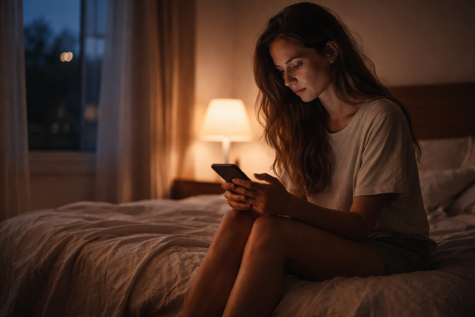 Woman sitting alone on bed at night looking at phone after call in long distance relationship