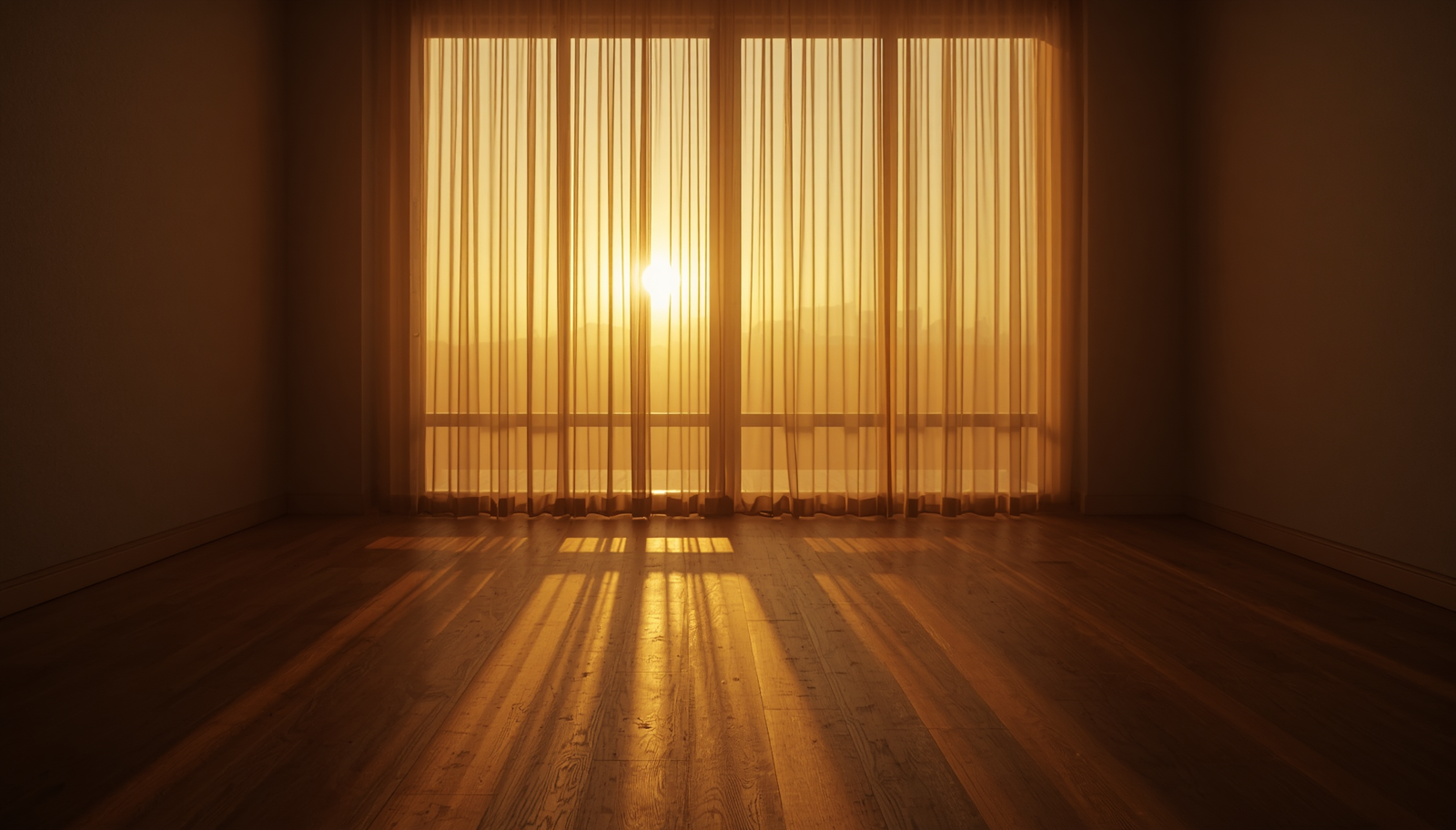 minimal empty room with soft golden sunset light through sheer curtains
