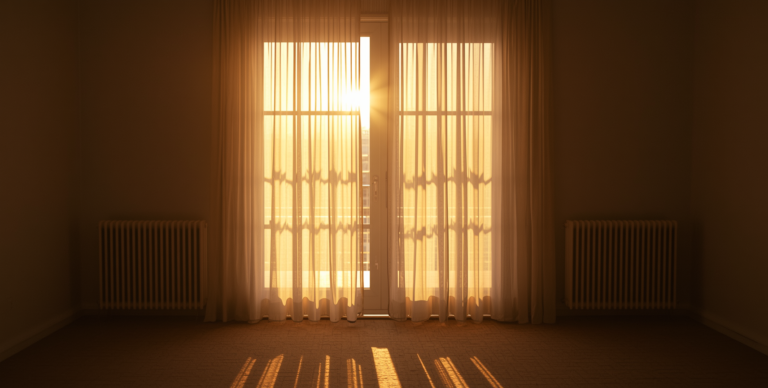 soft warm sunlight through sheer curtains into an empty room, minimal interior, calm atmosphere, gentle shadows, golden hour lighting, film grain, realistic photography, no people