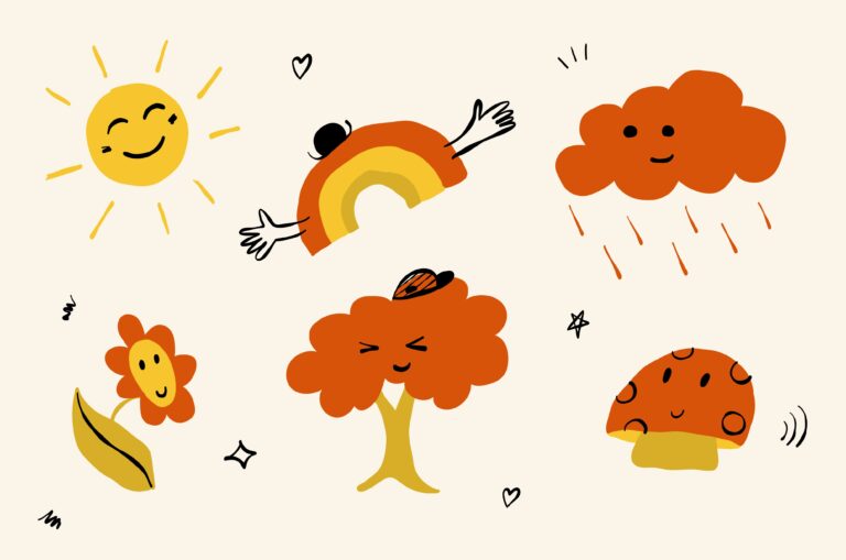 Playful illustration of sunshine, clouds, rainbow and small symbols representing the little things that make long distance feel less lonely