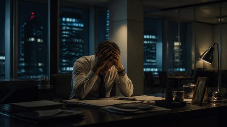 Distressed middle-aged businessman sits alone at an office desk after hours with his head in his hands, city lights glowing through the windows.