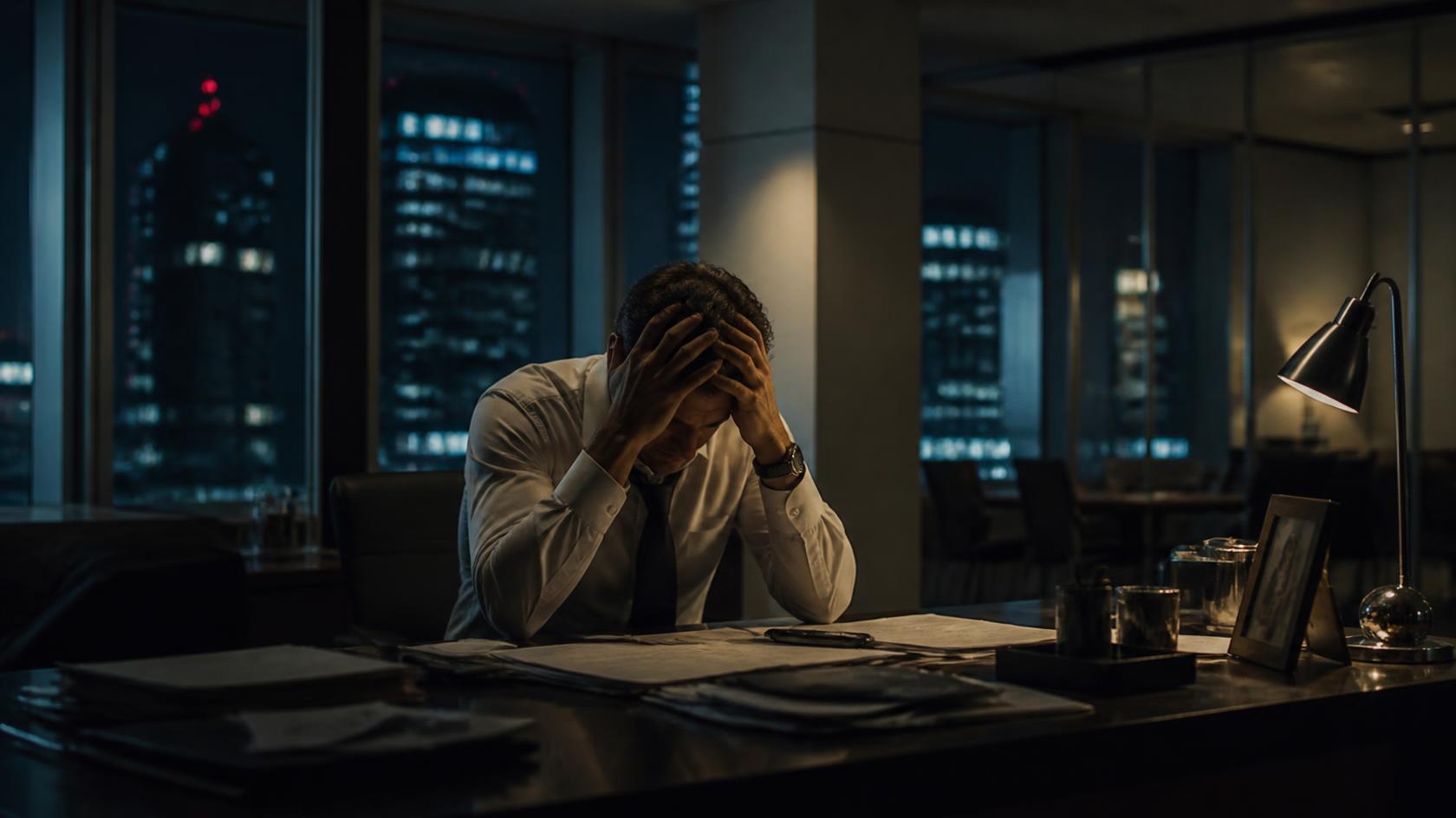 Distressed middle-aged businessman sits alone at an office desk after hours with his head in his hands, city lights glowing through the windows.