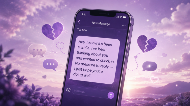 A smartphone displaying a messaging screen with a purple heart icon and message bubbles, set against a dreamy purple sky with clouds and distant hills.
